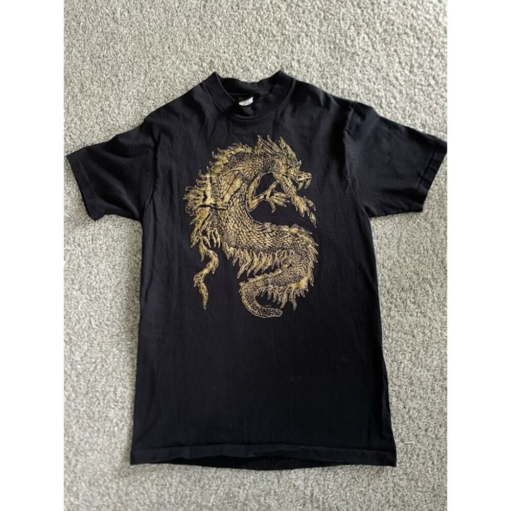 Vtg Diamond Dust GOLD DRAGON T-Shirt By Michael T Shirts Made in USA Glitter Met